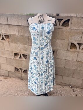 Women’s Spaghetti Strap Midi Sundress Size Large White Blue Beach Theme Dress
